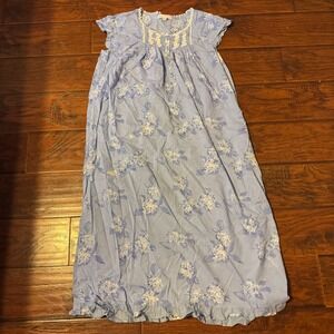 Cottagecore Floral Lace Trim Nightgown Women Medium Blue Cotton Maxi Sleep Dress